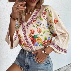 Gorgeous Bohemian Bright Colored Floral 3/4 Dolman Sleeve Bodysuit Size XL NWT